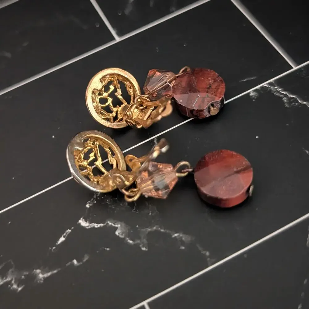Vintage Birch Hill Clip On Earrings Brown Semi Precious Dangle - Fair Condition